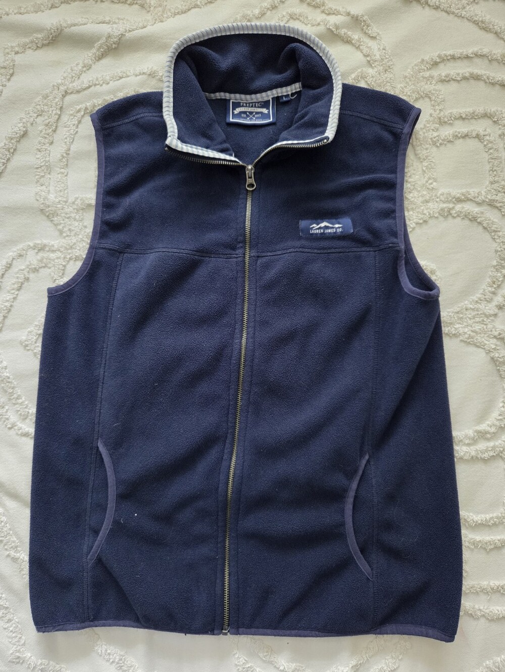 Lauren James Co Preptec Blakely Fleece Vest Navy Blue Seersucker Trim L